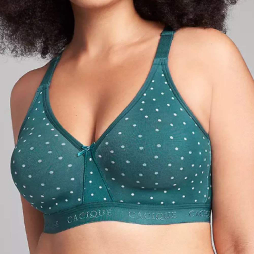 Cacique Womens Bra Unlined Full Coverage No-Wire 44DDD Green White Polka Dots